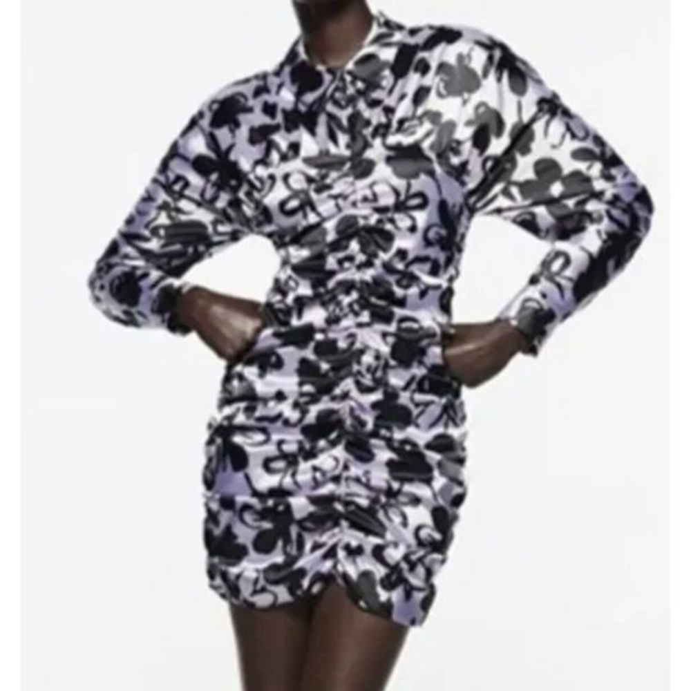 Zara Purple & Black Floral Satin Long Sleeve Collar Mini Dress Ruched Size M‎